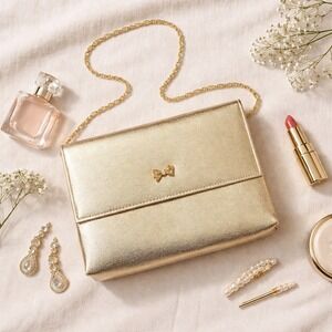 Vintage HL USA Gold Metallic Evening Clutch Bag Rhinestone Bow Chain Strap